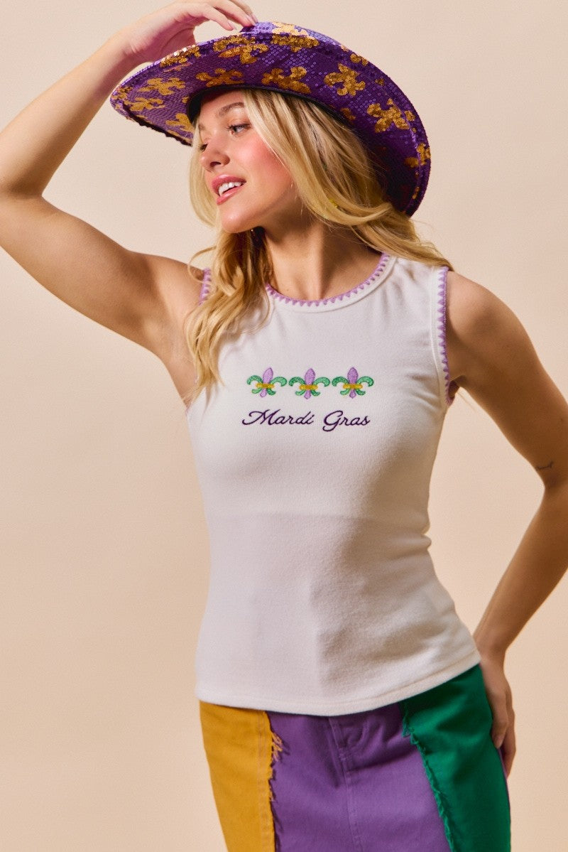 SO ME Mardi Gras Tank Top With Contrast Blanket Stitch