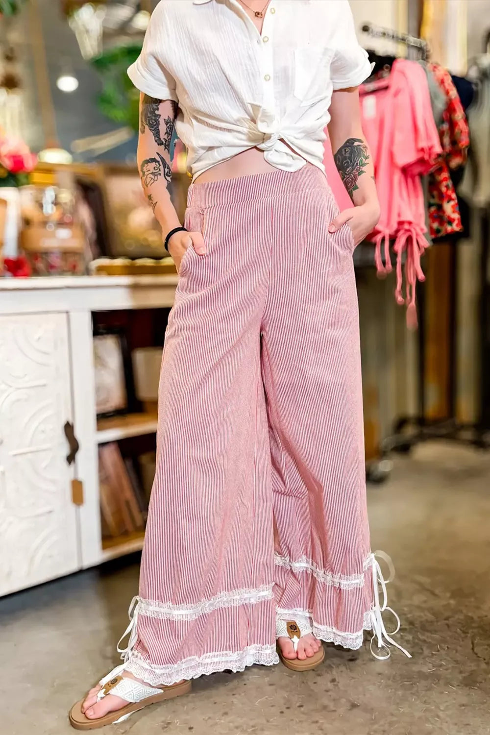 Stripe Contrast Lace Ribbon Tie Detail Wide Leg Pants