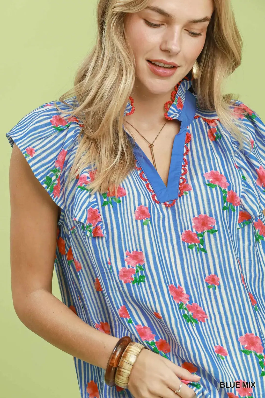 Umgee Striped Floral Ruffle Sleeve Top with Contrast Trim