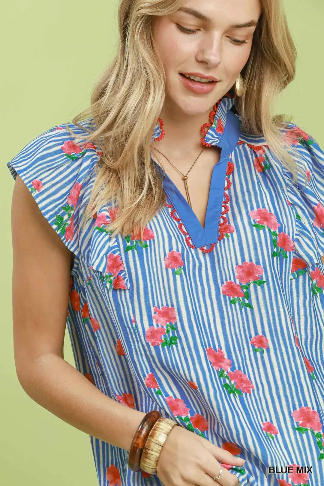 Umgee Striped Floral Ruffle Sleeve Top with Contrast Trim