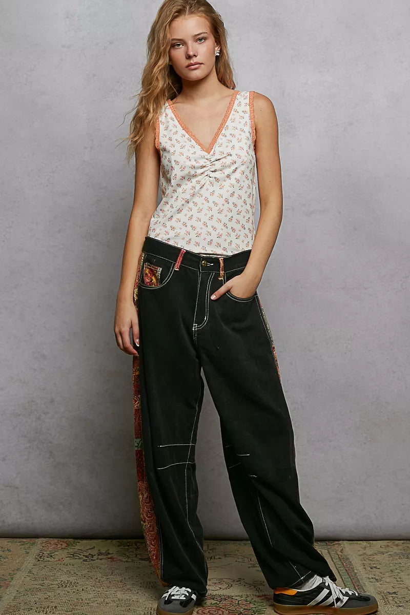 POL Ruched Floral V-Neck Tank with Lace Detail