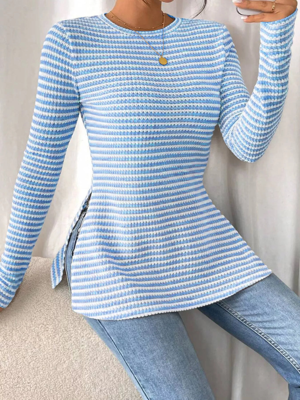 Slit Striped Long Sleeve Casual T-Shirt