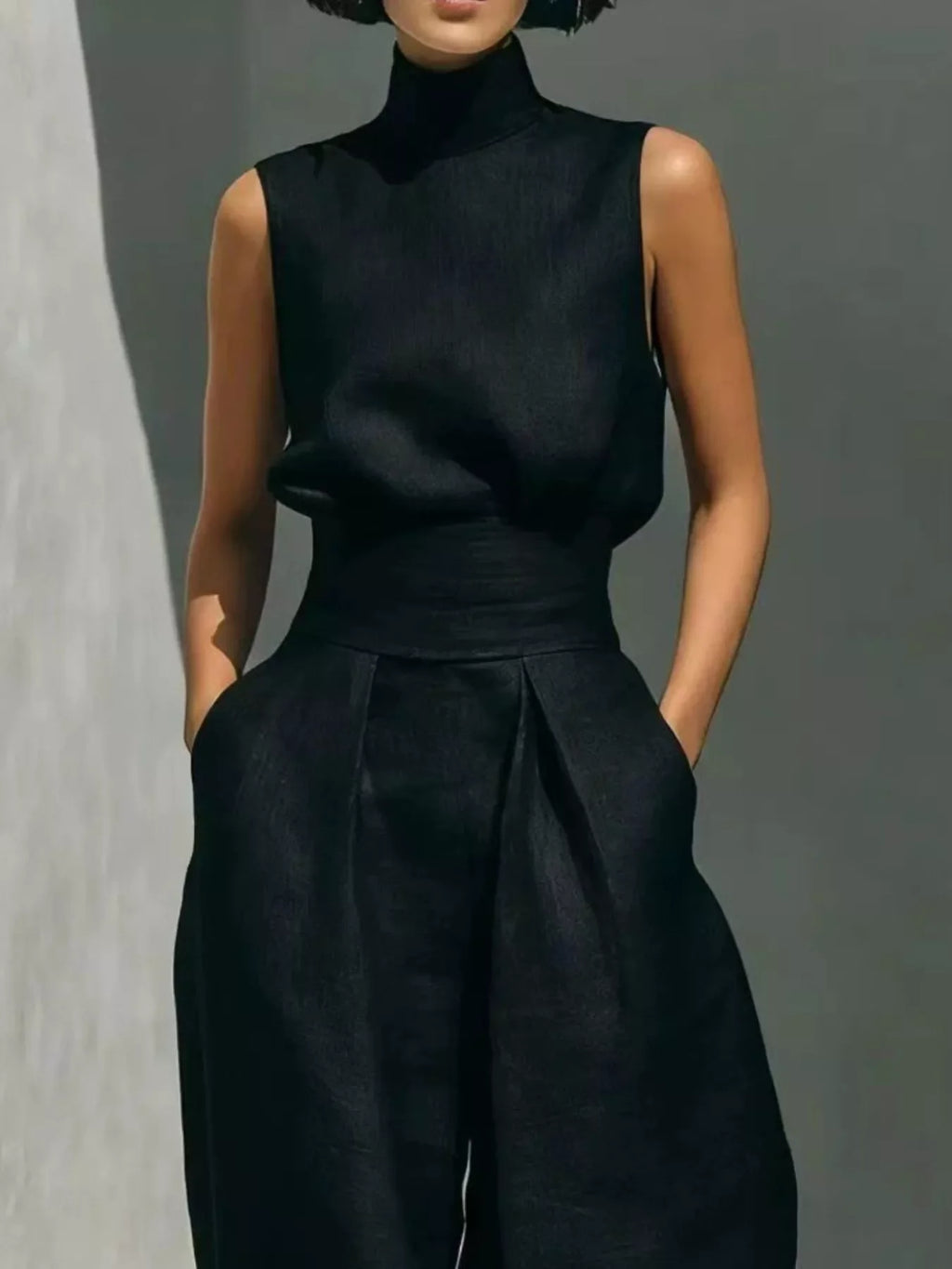 High Neck Sleeveless Top and Wide Leg Pants Set
