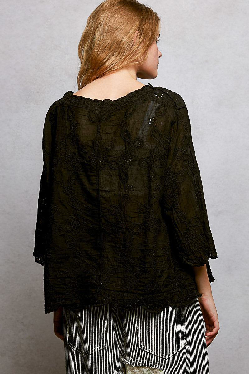 POL Floral Eyelet V-Neck Salloped Shirt