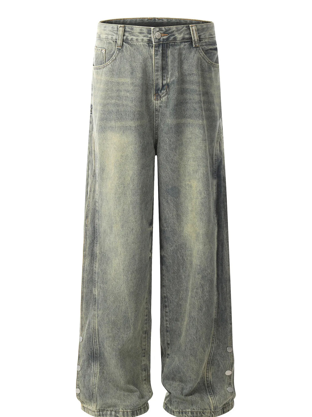 Men's Washed Wide Leg Jeans with Side Button Details