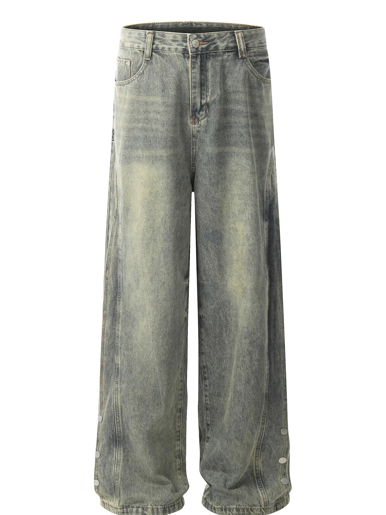 Men's Washed Wide Leg Jeans with Side Button Details