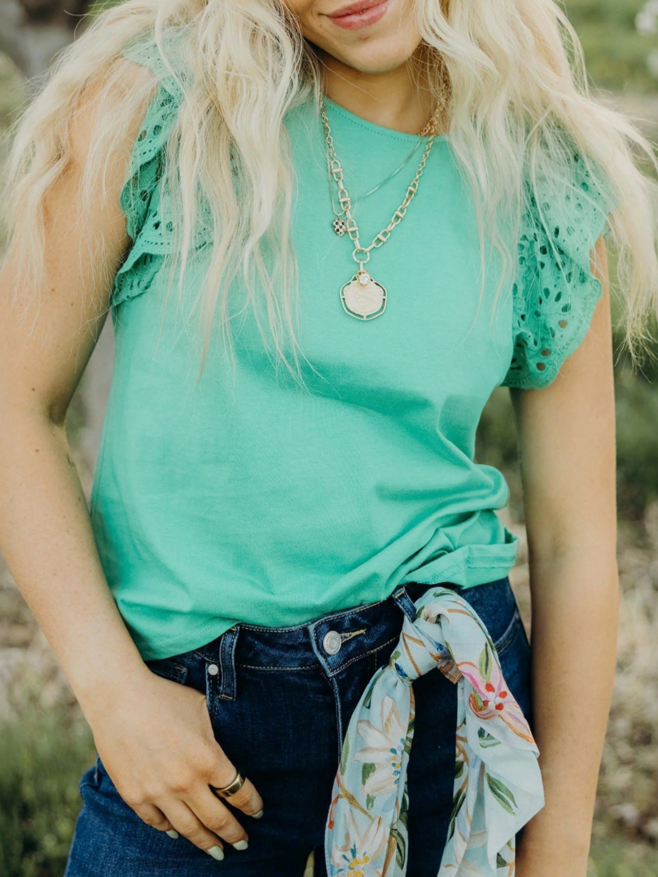 Eyelet Lace Ruffled Cap Sleeve Top