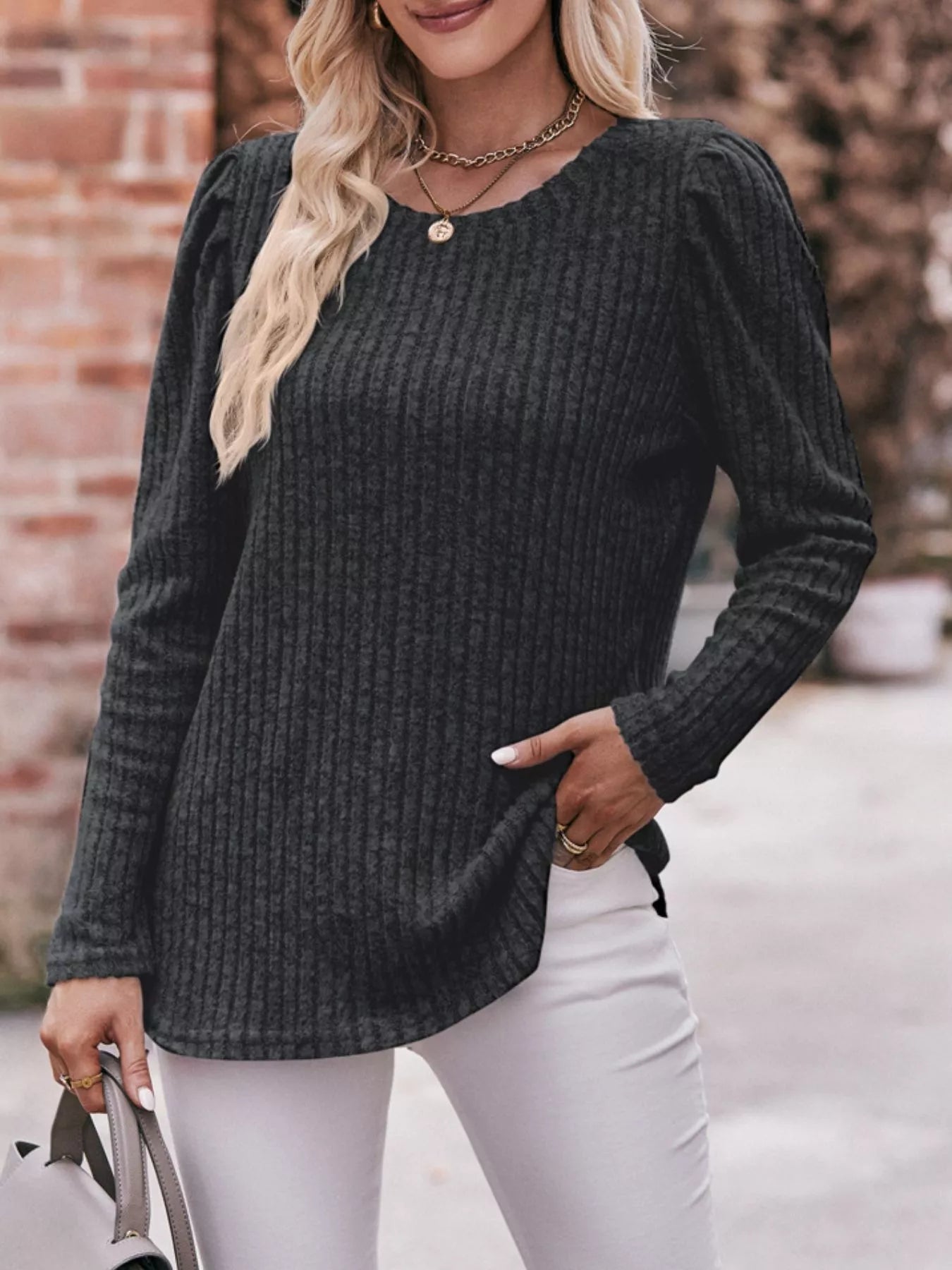 Ribbed Knit Puff Sleeve T-Shirt