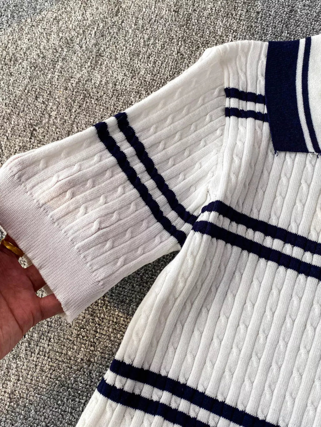 Striped Knit Polo Collar Top