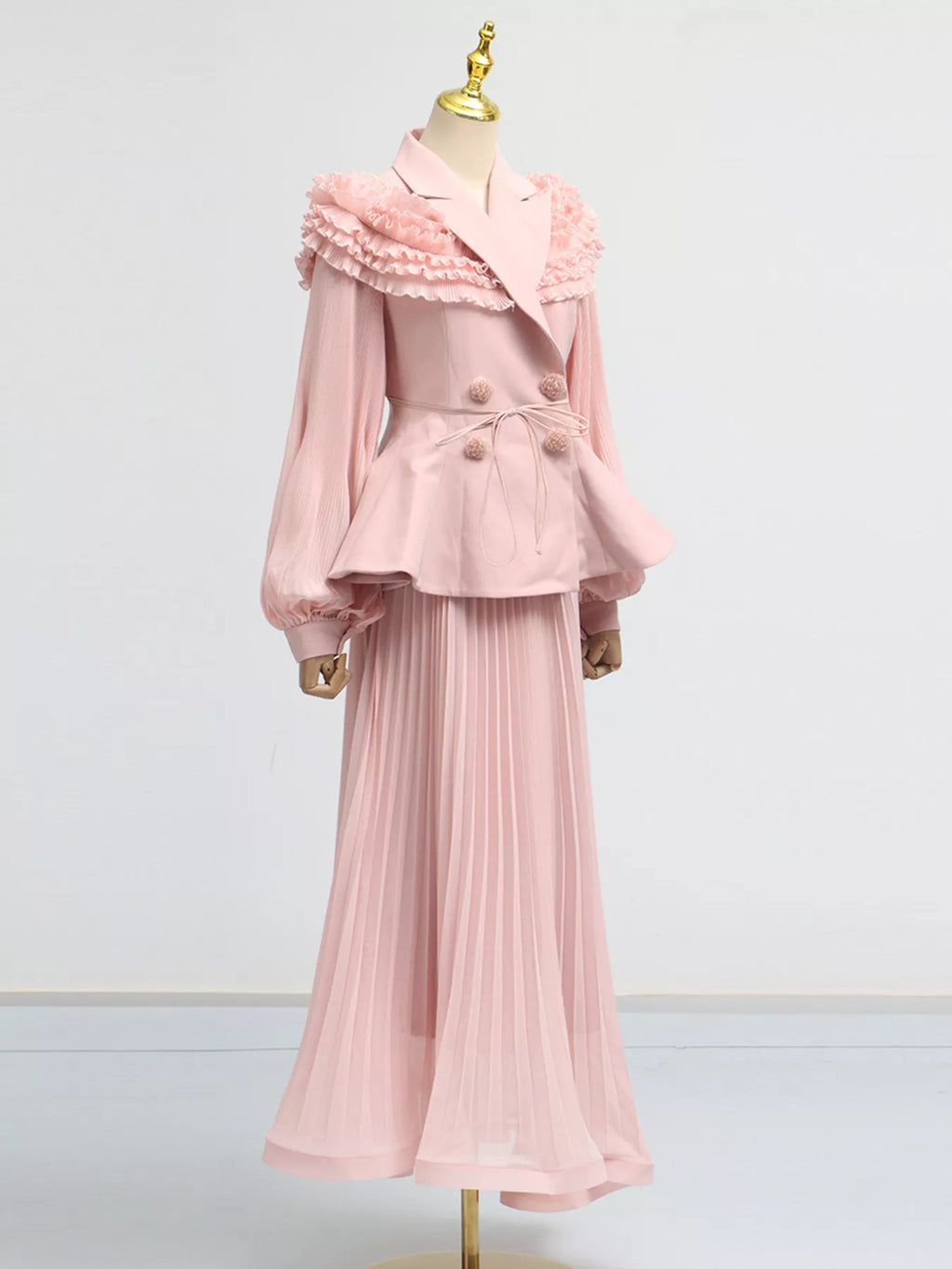Frill Lapel Collar Top and Pleated Skirt Set
