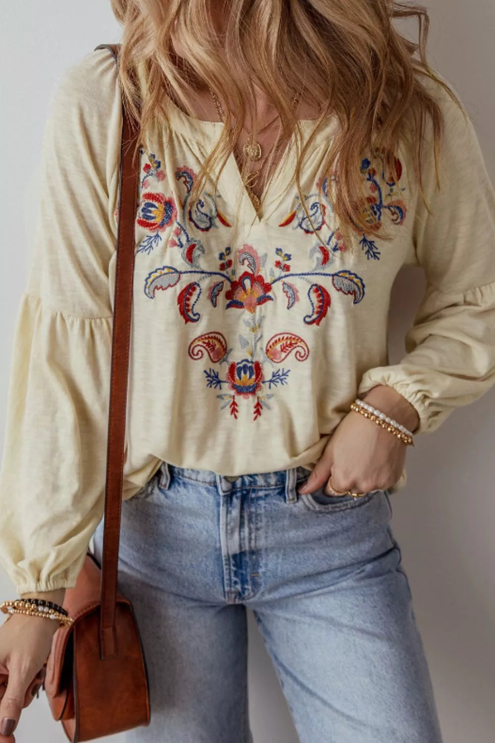 Embroidered Notched Long Sleeve Blouse