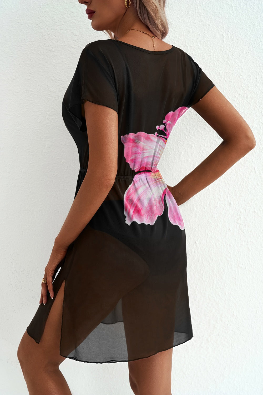 e Floral Print V Neck Semi Sheer Beach Cover Up Dress
