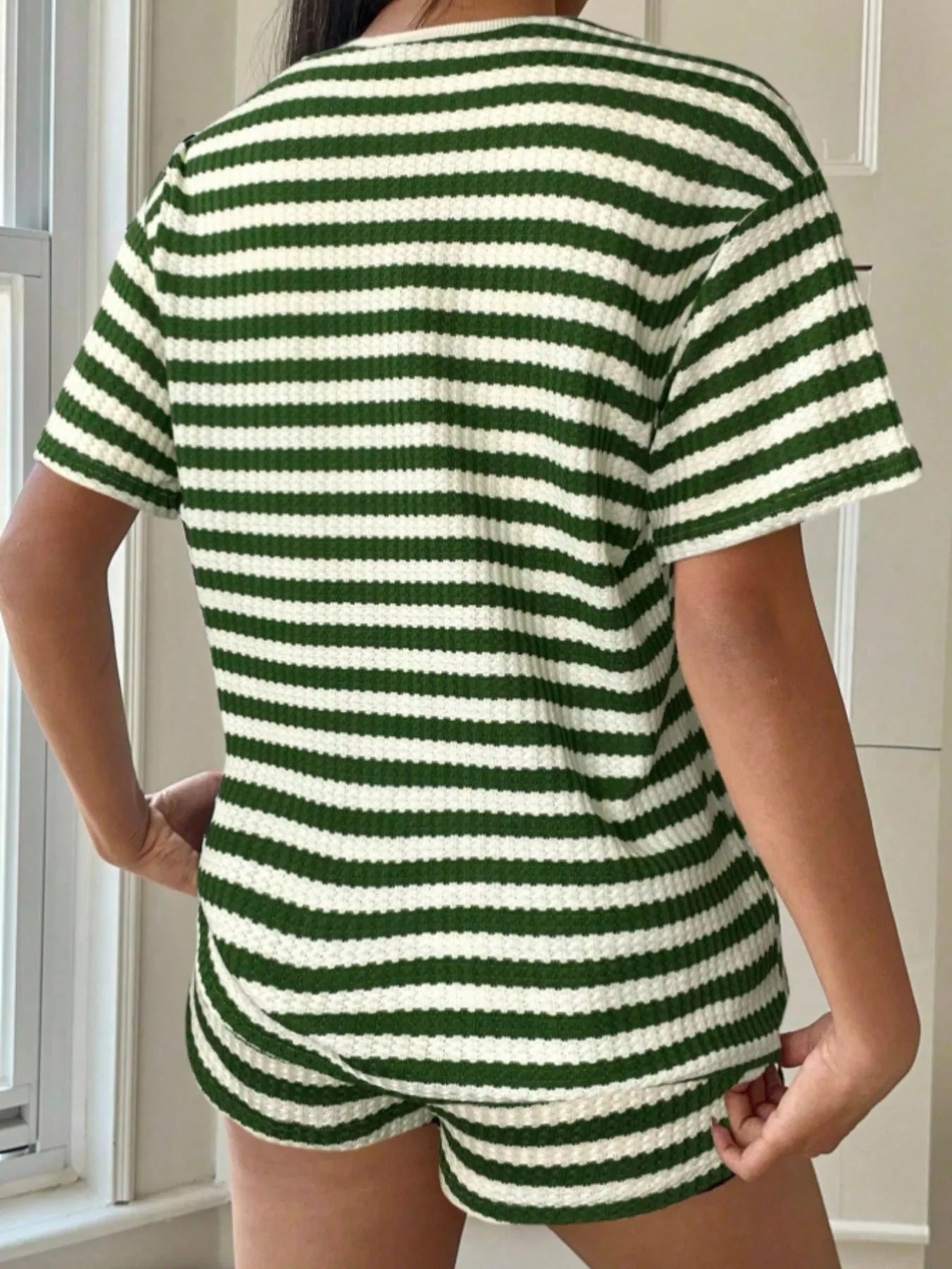 Striped Round Neck Top and Shorts Set