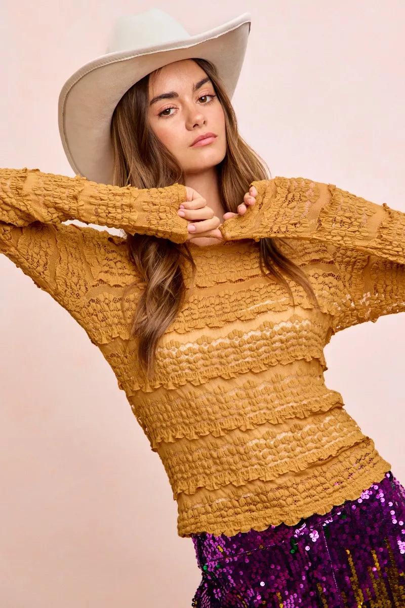 BiBi Ruffles Detail Mardi Gras Color Flower Lace Top