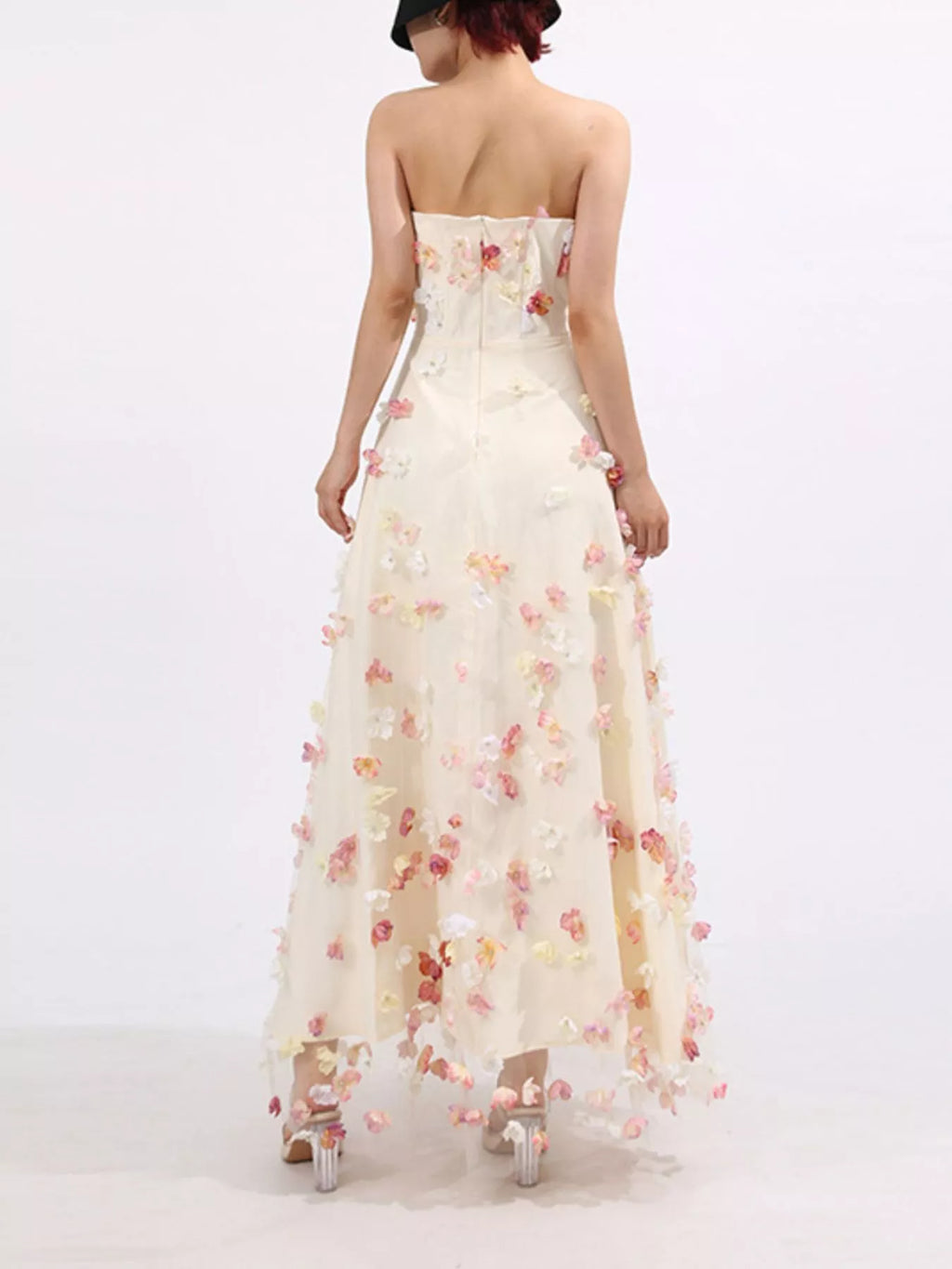 Floral Applique Strapless Tulle Maxi Dress