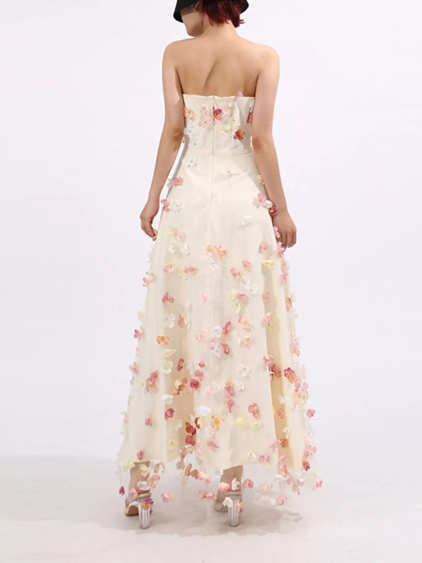 Floral Applique Strapless Tulle Maxi Dress
