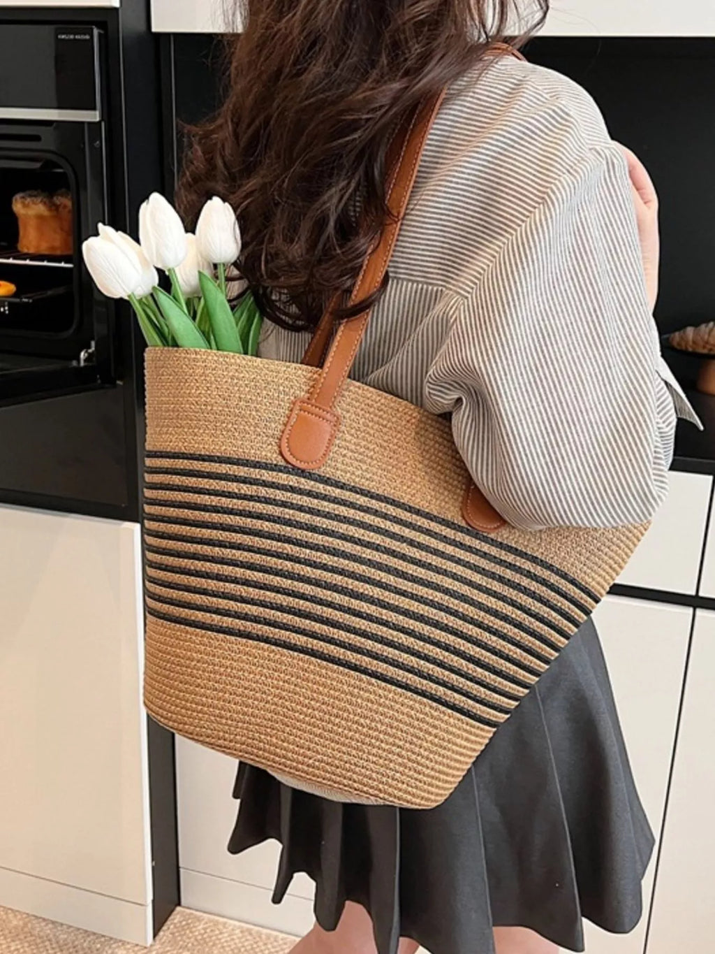Striped Woven Straw Shoulder Bag