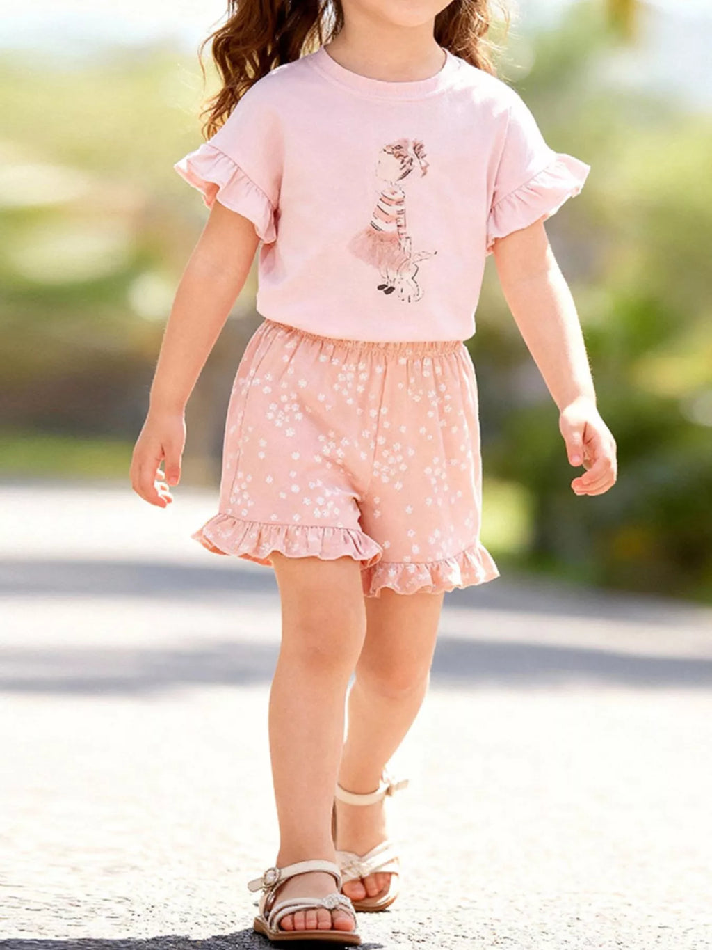 Children's Ruffled Sleeve Graphic Tee & Floral Shorts Set
