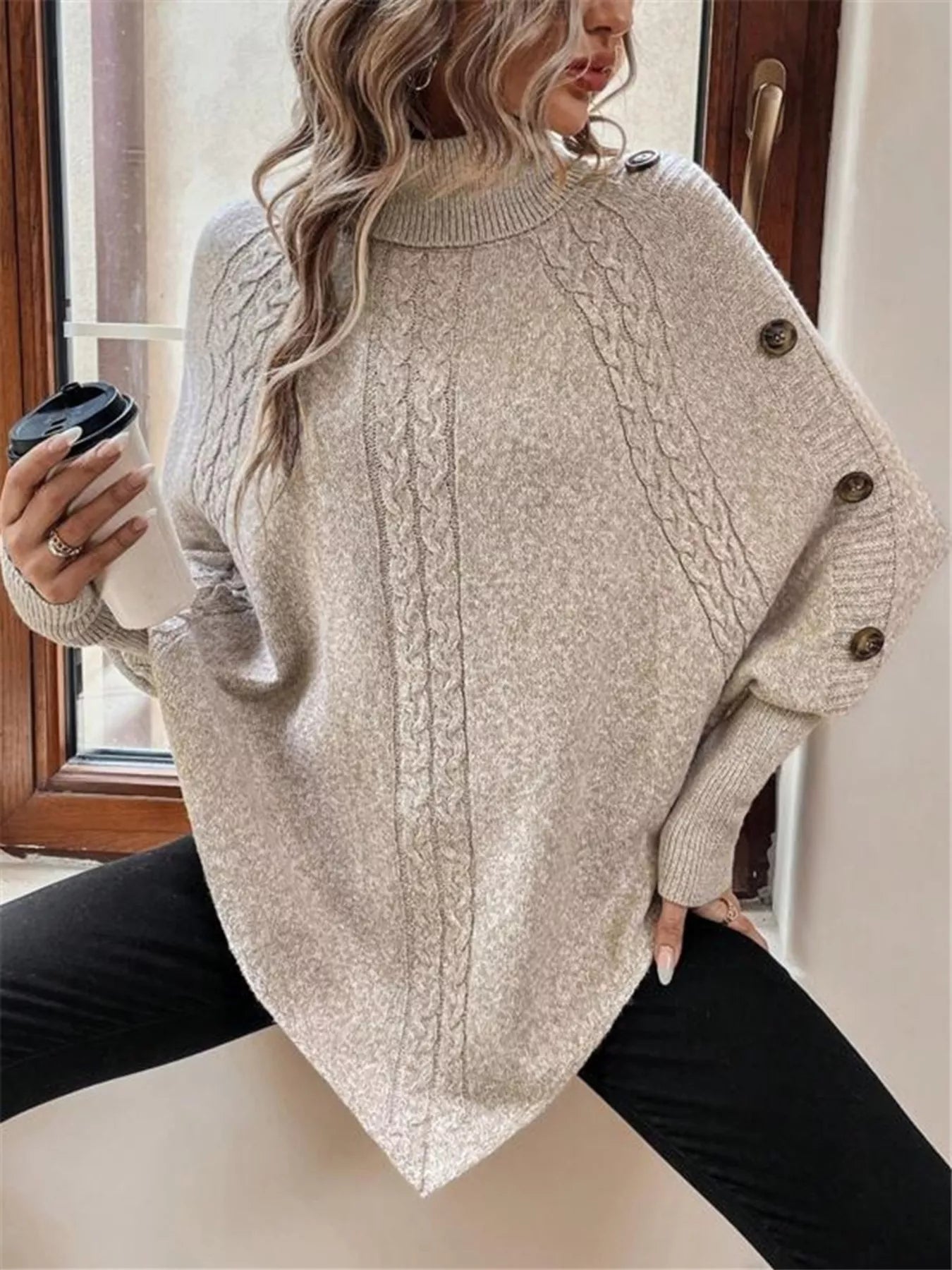Cable Knit Turtleneck Cape Sweater