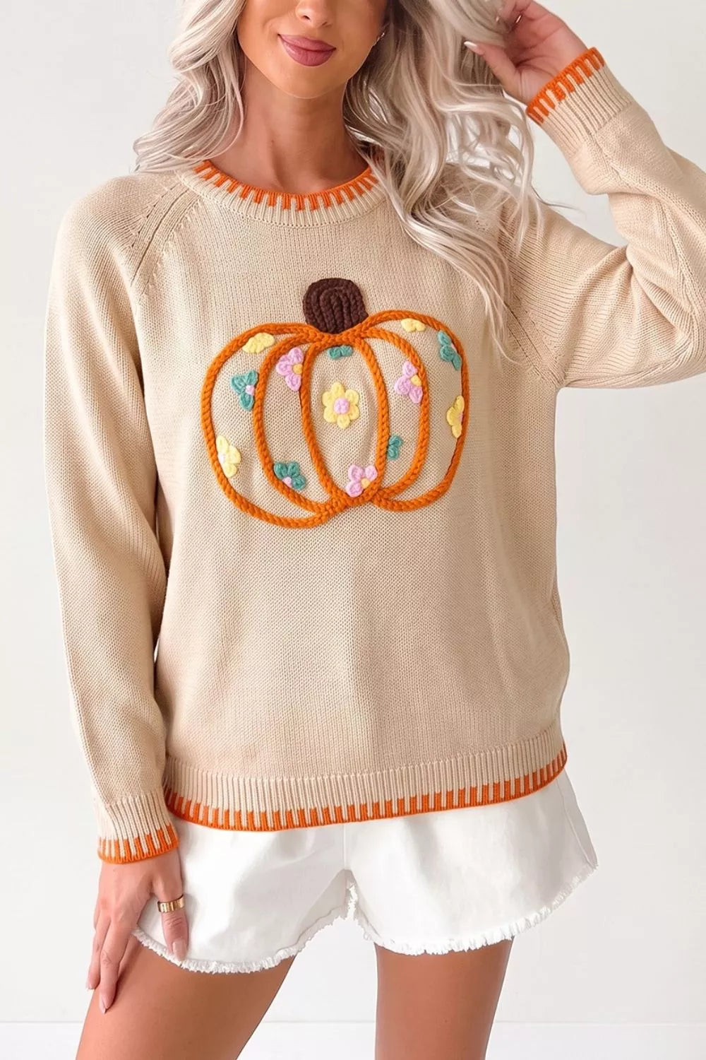 Floral Embroidery Pumpkin Long Sleeve Round Neck Sweater
