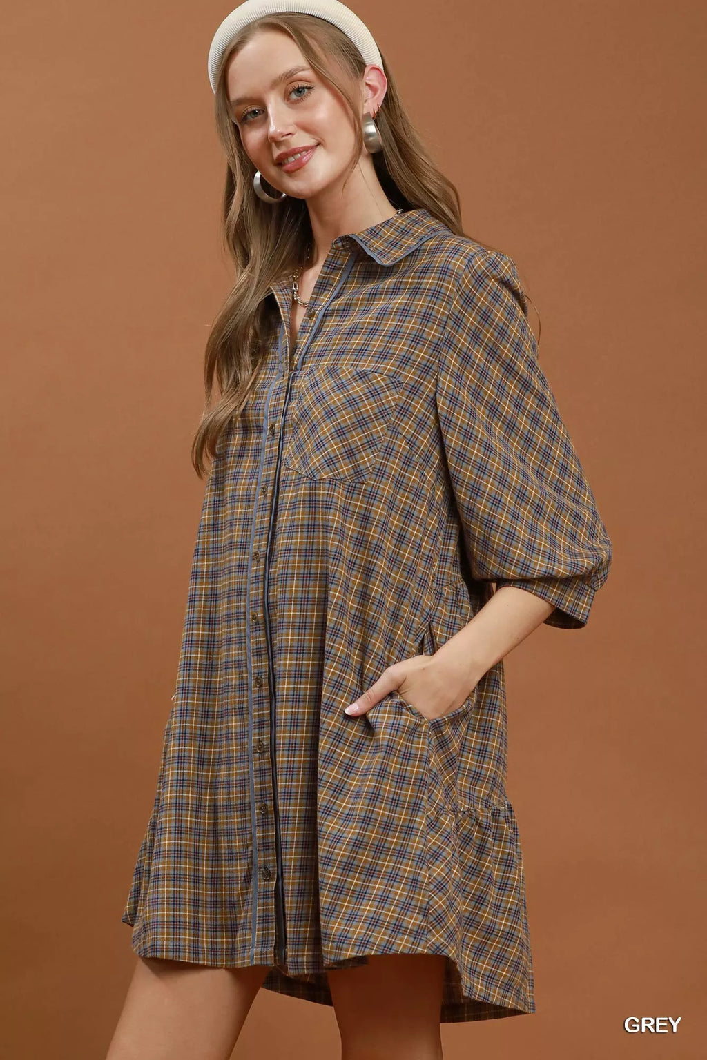 Umgee Plaid Button Down Oversized Shirt Dress