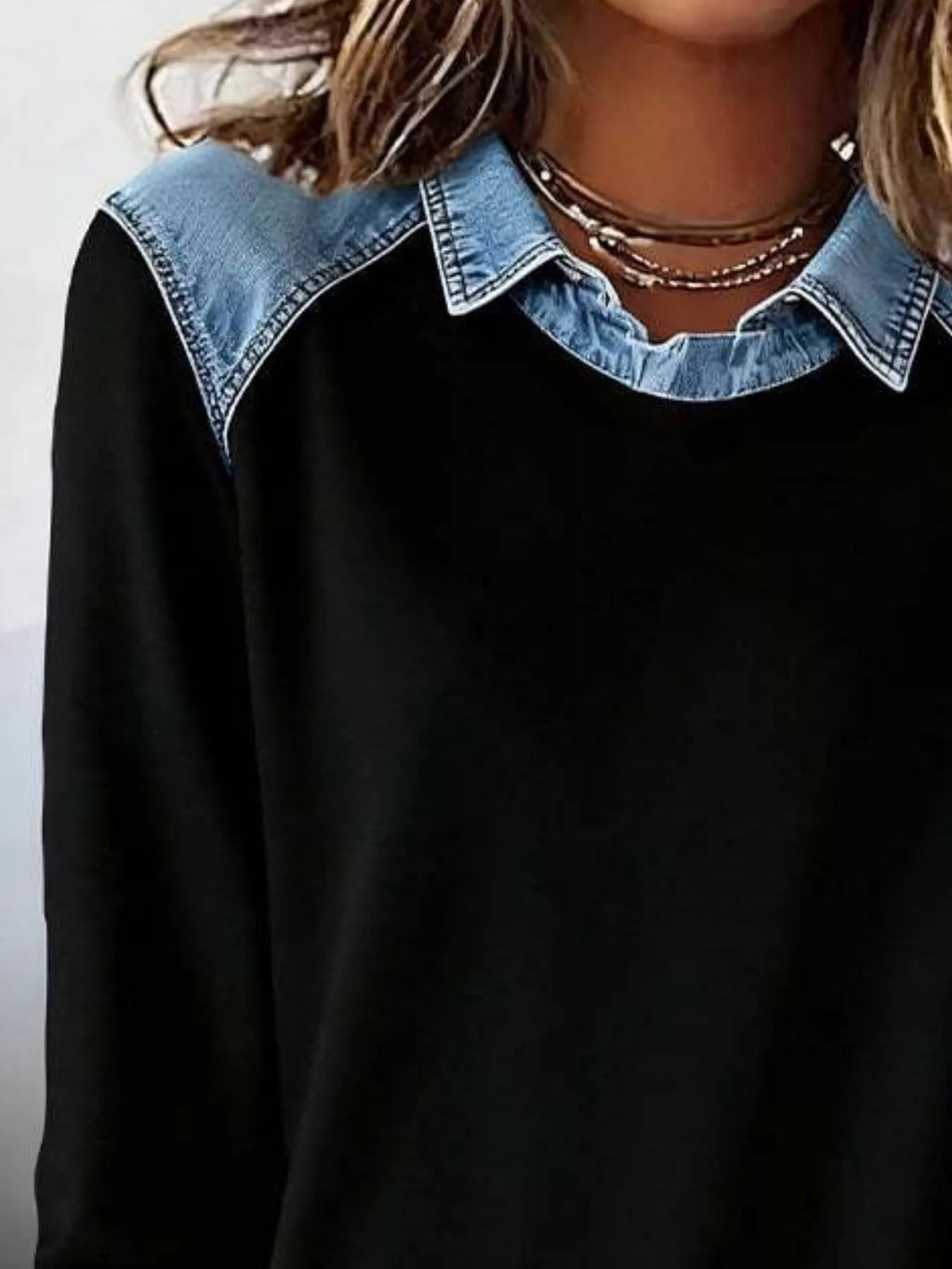 Full Size Denim Trim Long Sleeve Top Plus Size