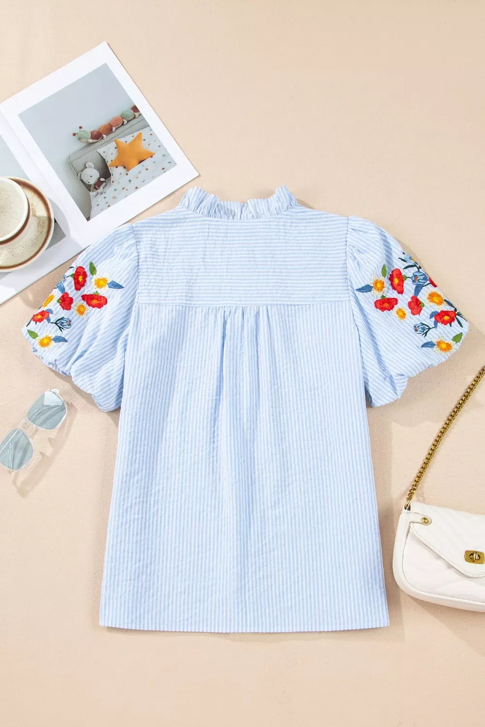 Stripe Floral Embroidered Puff Sleeve Ruffle Trim Shirt