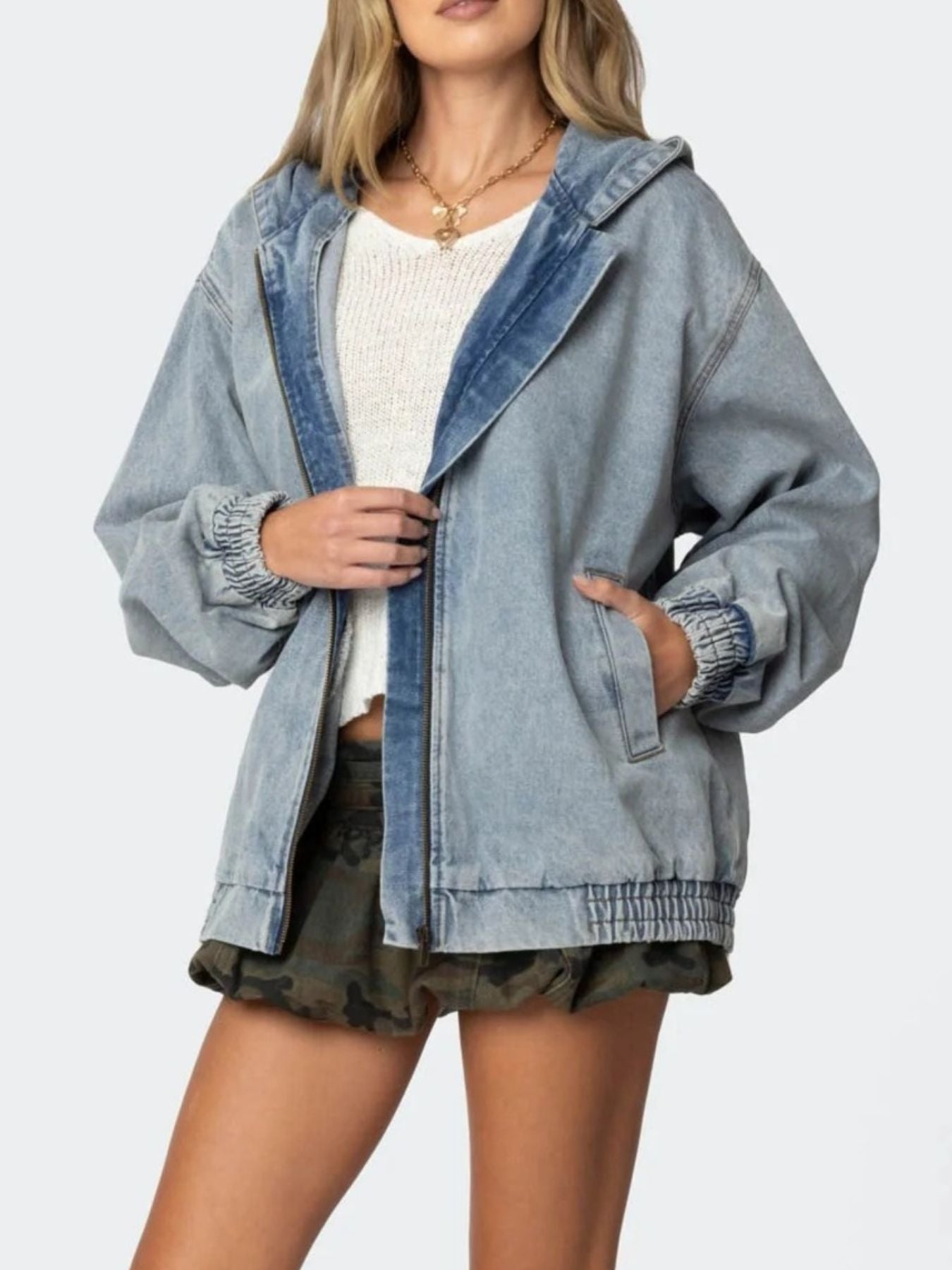 Hooded Oversized Zip Up Denim Jacket