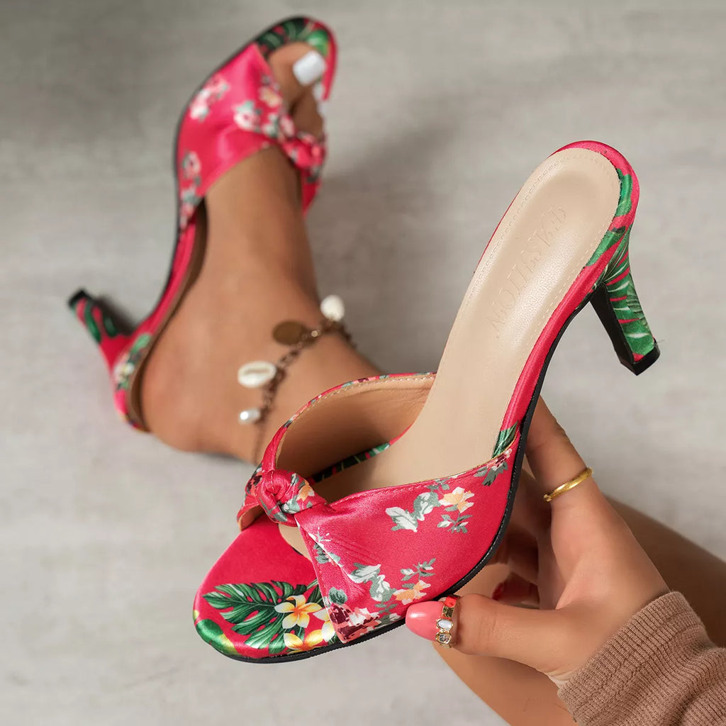 Floral Print Knot Decor Kitten Heel Sandals