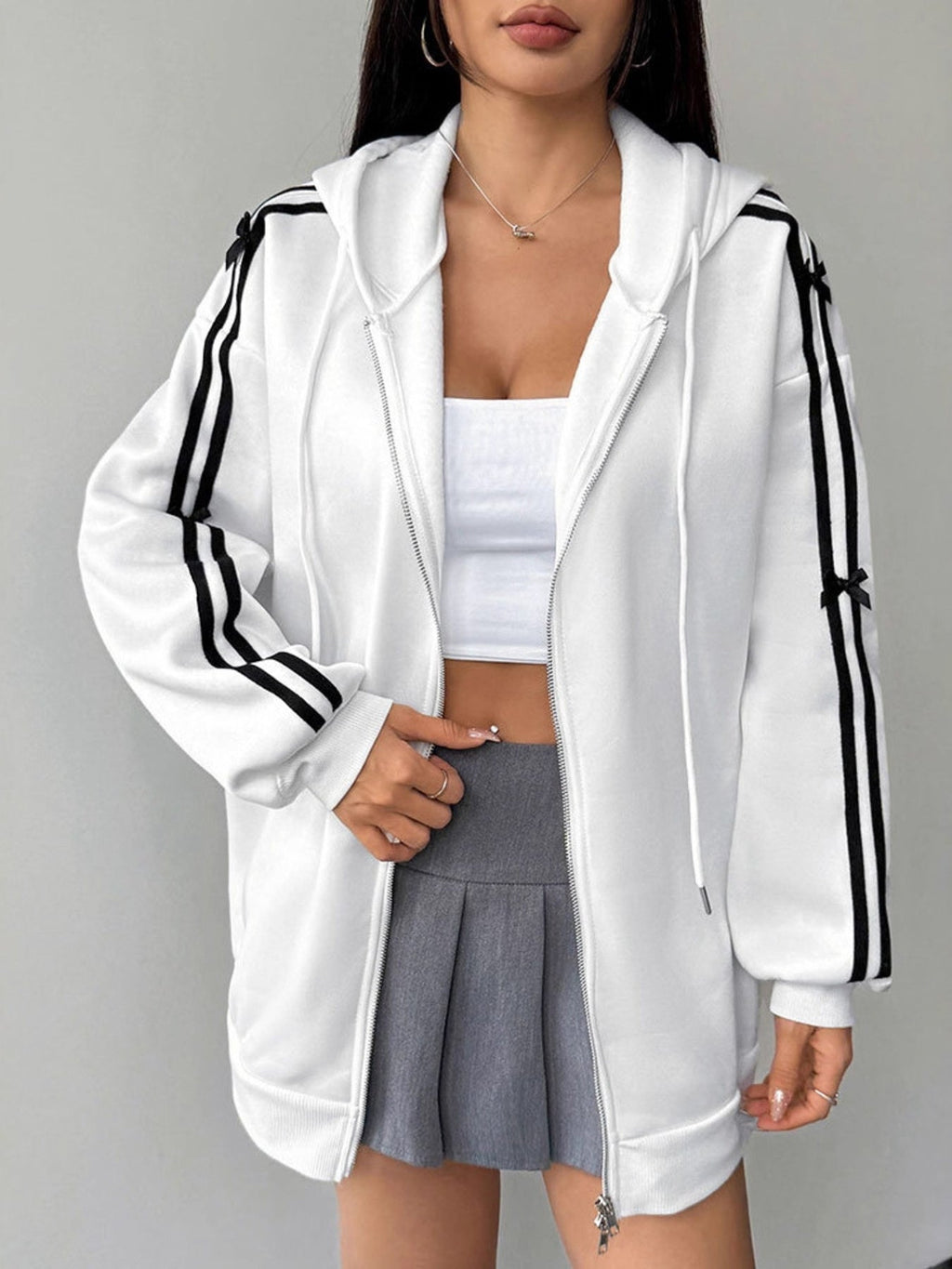 Striped Sleeve Zip-Up Drawstring Hoodie