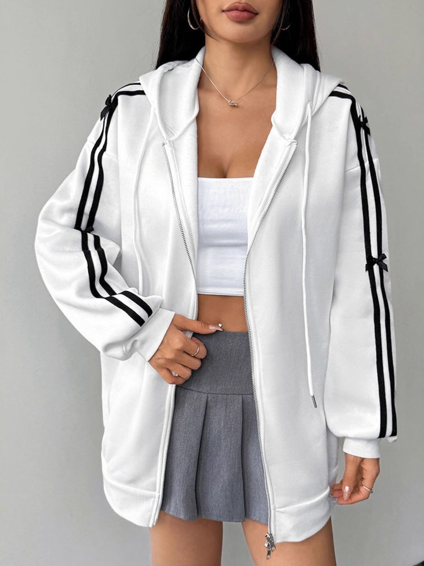 Striped Sleeve Zip-Up Drawstring Hoodie