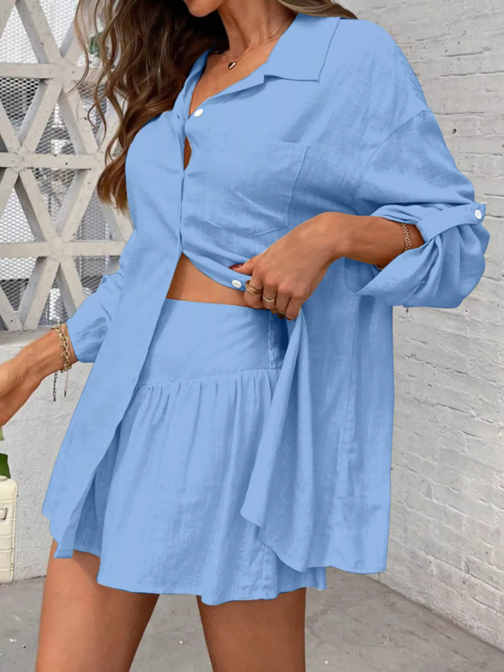 Button Up Roll-Up Sleeve Shirt and Shorts Set