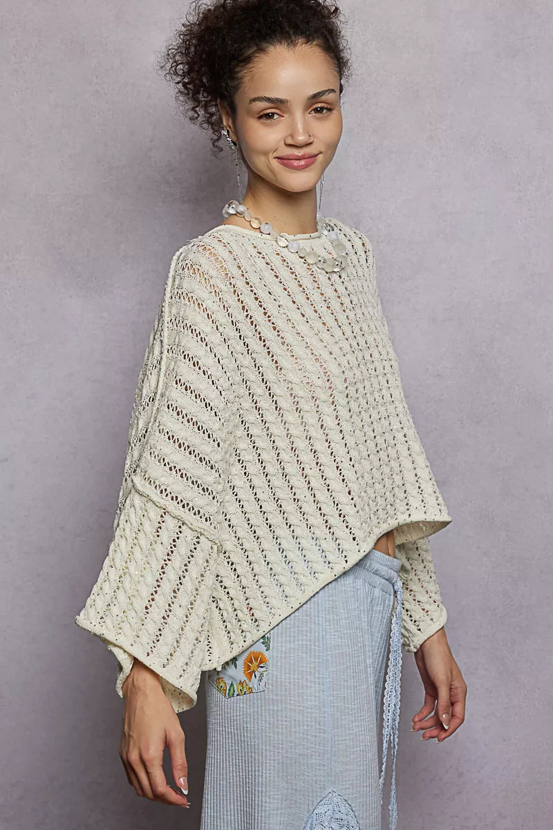 POL Cable-Knit Openwork Round Neck Cropped Sweater