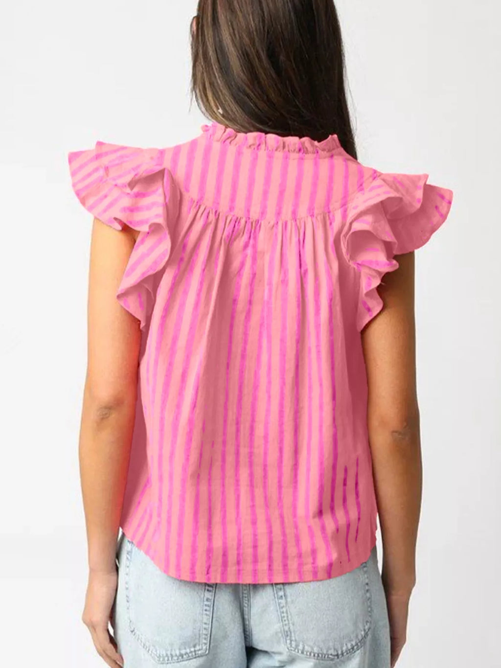 Stripe Split Neck Ruffled Summer Blouse