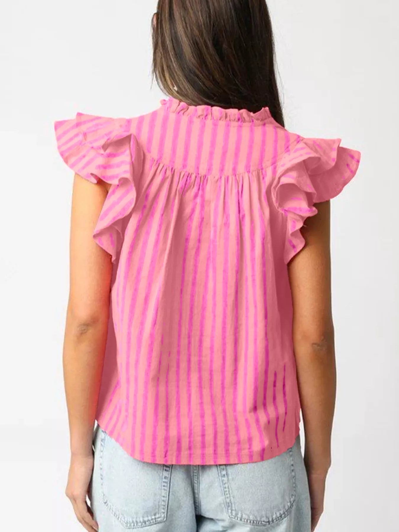 Stripe Split Neck Ruffled Summer Blouse