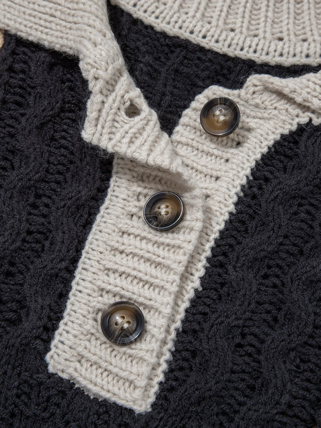 Multicolour Color Block Cable Knit Sleeve Buttons Collared Sweater