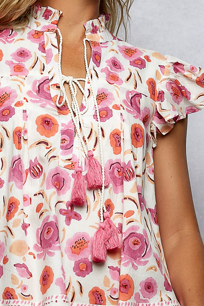 POL Tassel Tied Floral Flutter Sleeve Blouse