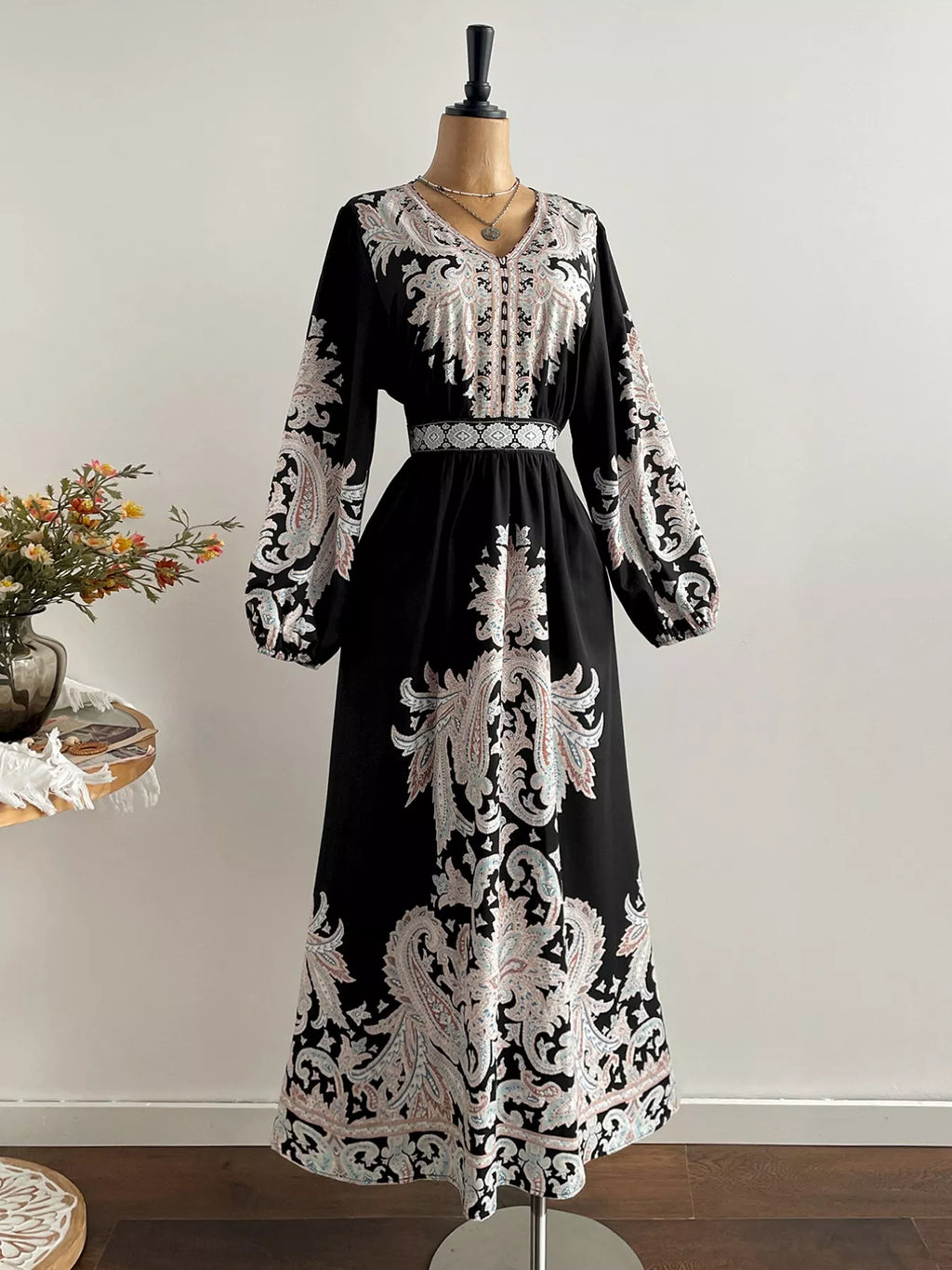 Plus Size Printed V-Neck Balloon Sleeve Dress