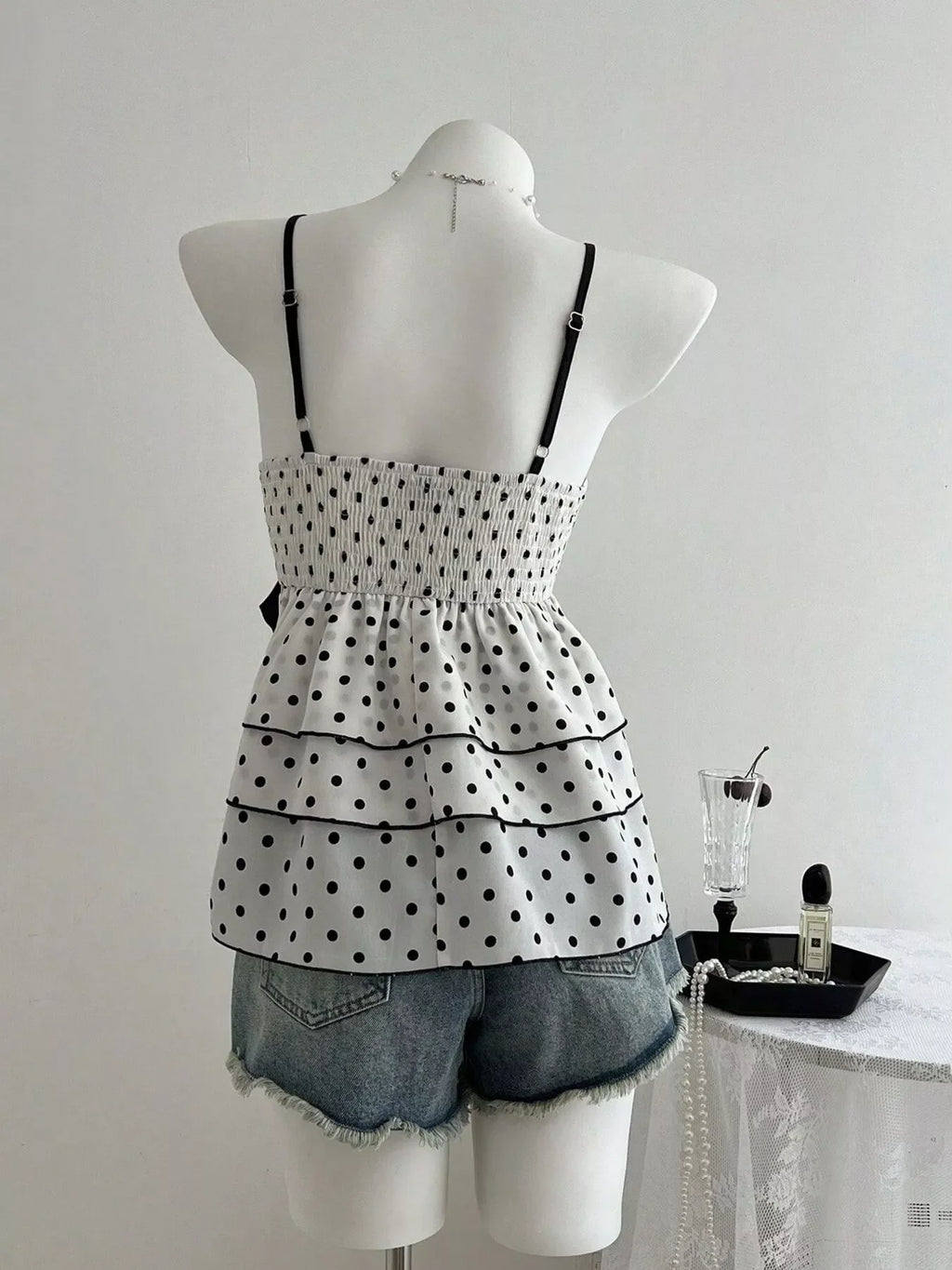 Polka Dot Ruffle Hem Cami with Lace Trim