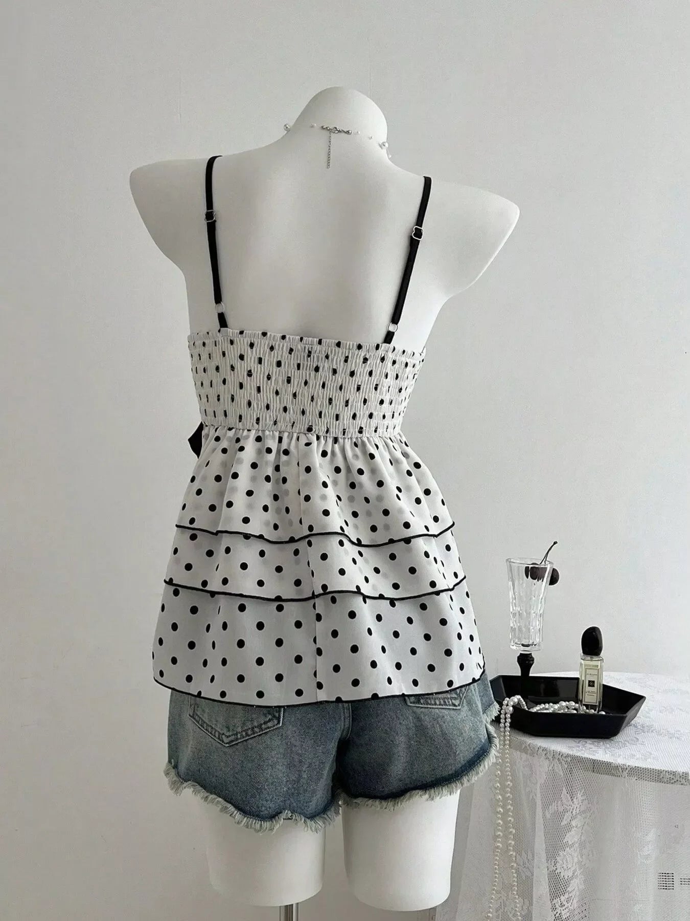 Polka Dot Ruffle Hem Cami with Lace Trim