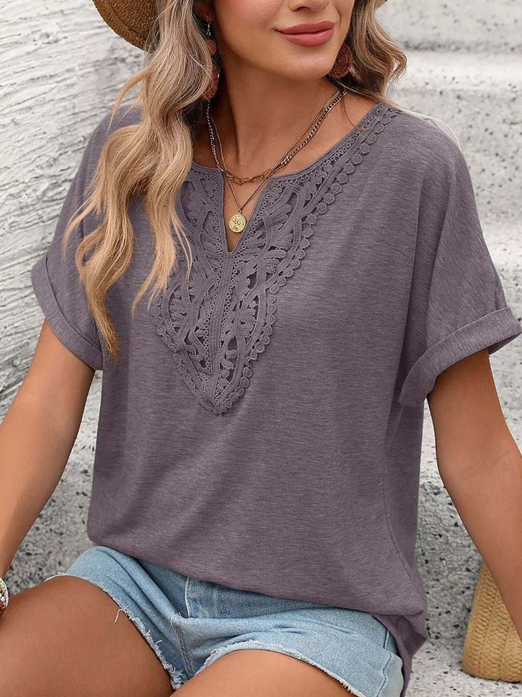 Lace Trim Short Sleeve T-Shirt