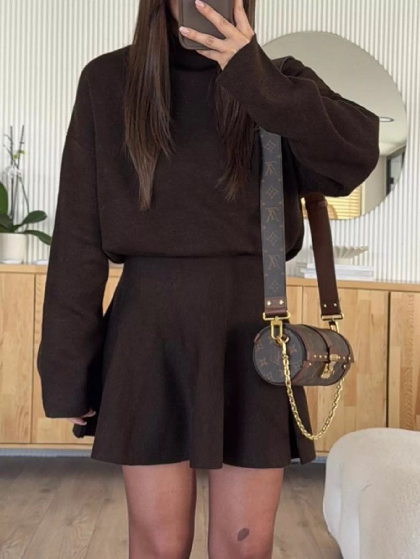 Turtleneck Dropped Shoulder Sweater and Skirt Set