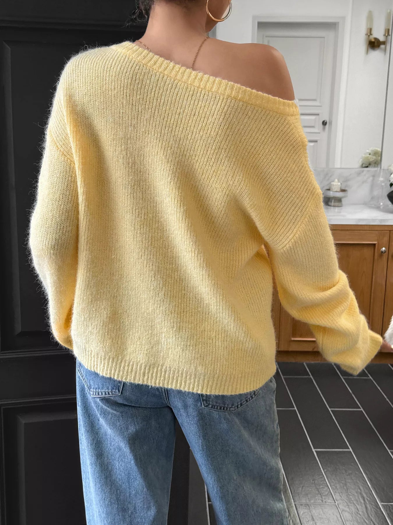 One Shoulder Ribbed Knit Sweater