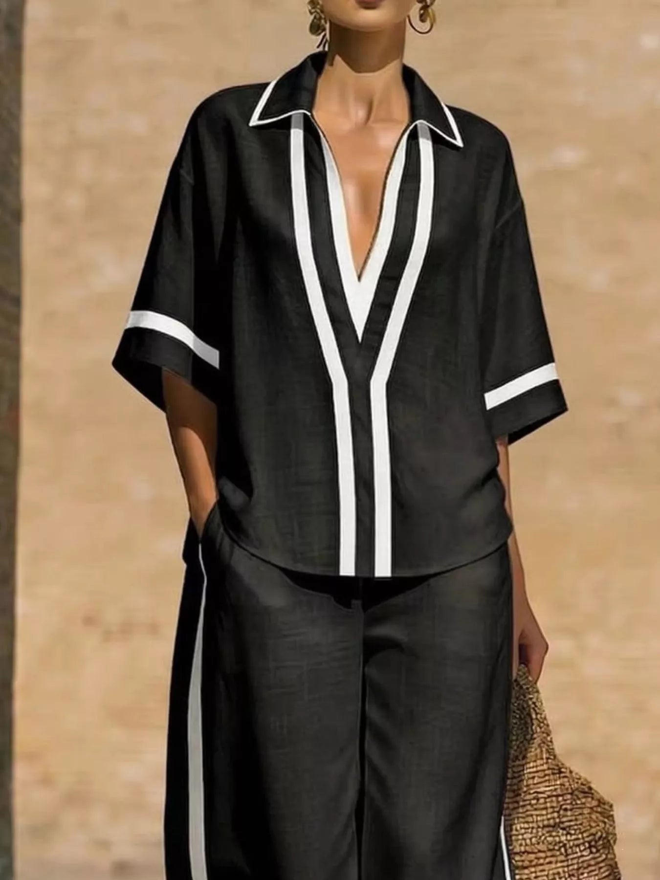 Full Size Contrast Trim Top and Pants Set Plus Size