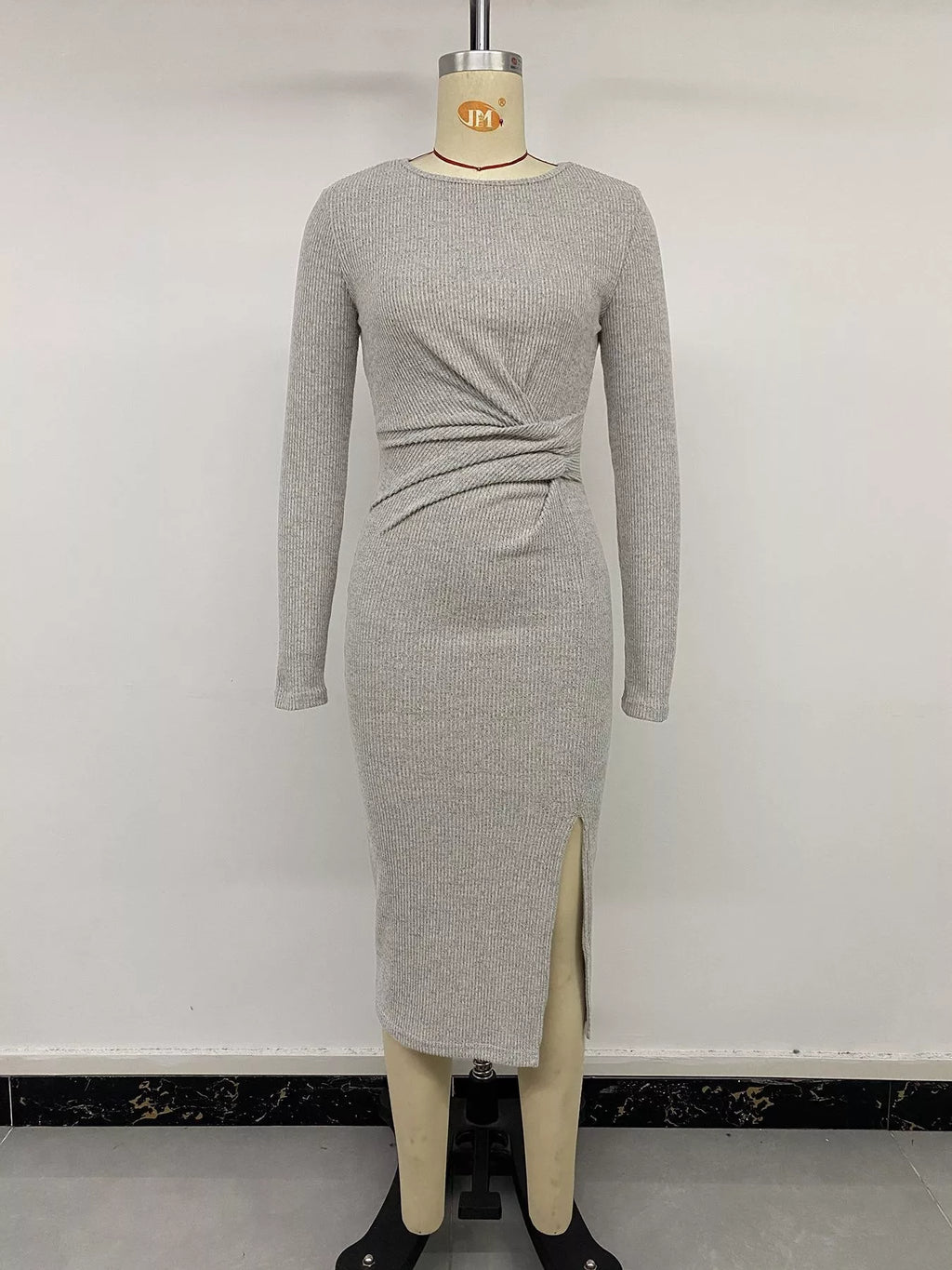 Ribbed Knit Twist Front Long Sleeve Midi Dress with Slit