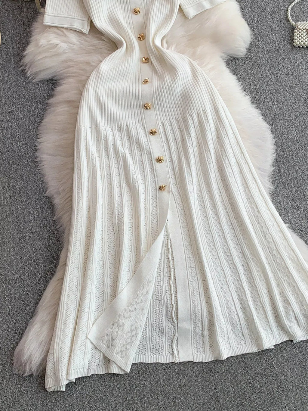 Button Front Ribbed Knit Midi Dress