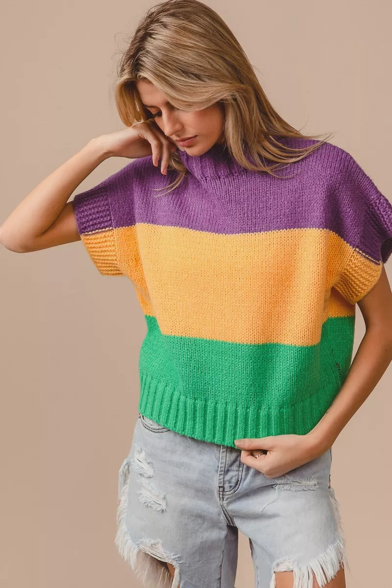 BiBi Mardi Gras Color Block Drop Shoulder Sweater Top
