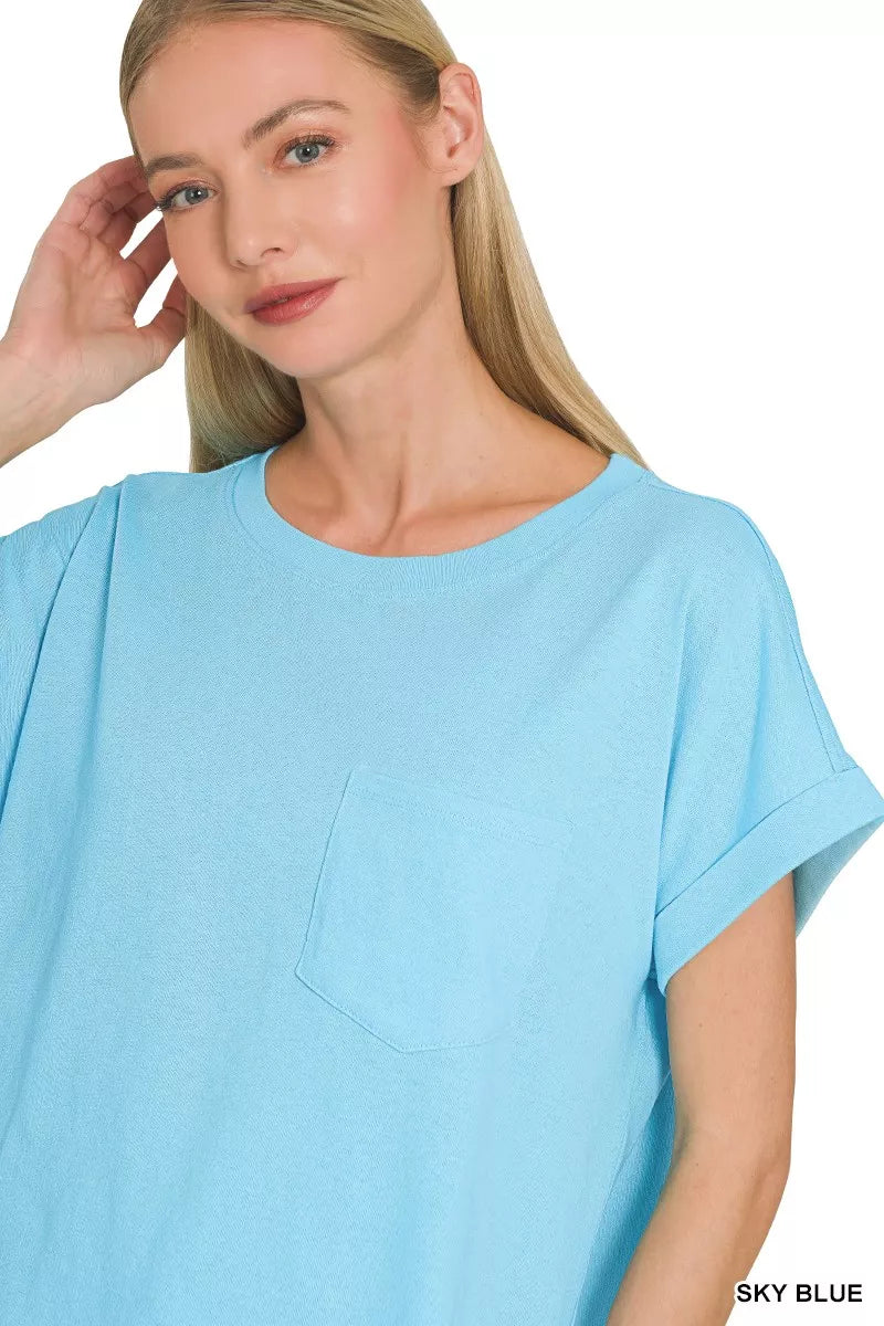 Zenana Cuffed Front Pocket Short Sleeve Tee