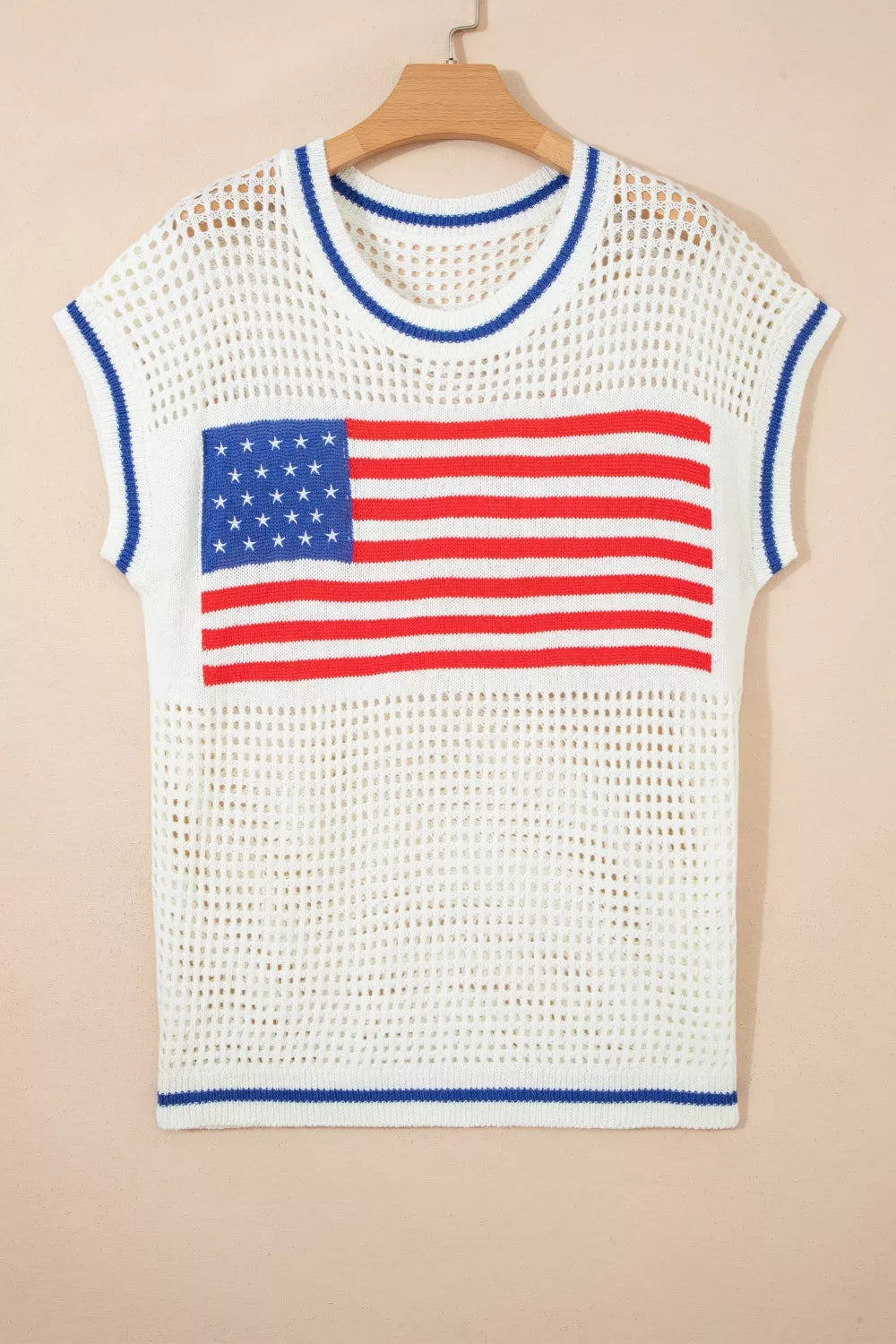 USA Flag Eyelet Knitted Cap Sleeve Sweater Top
