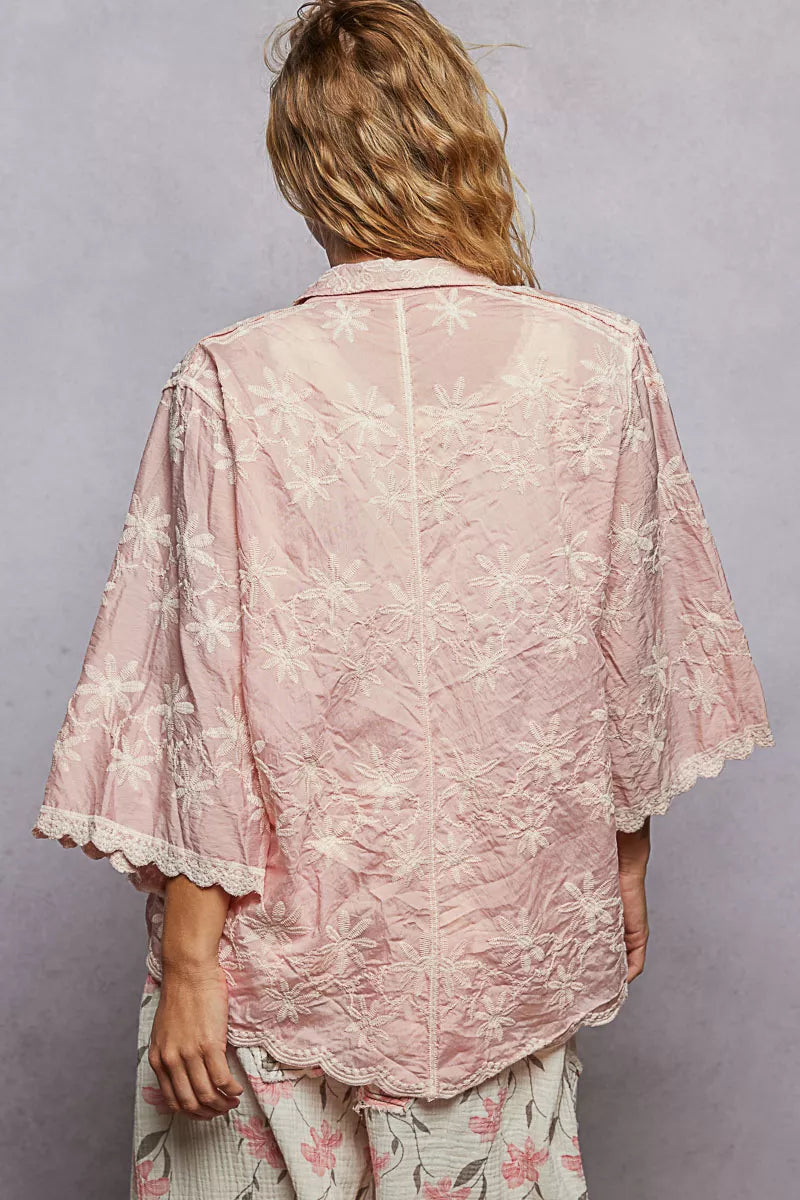 POL Embroidered Floral Collared Neck Shirt with Scalloped Edges